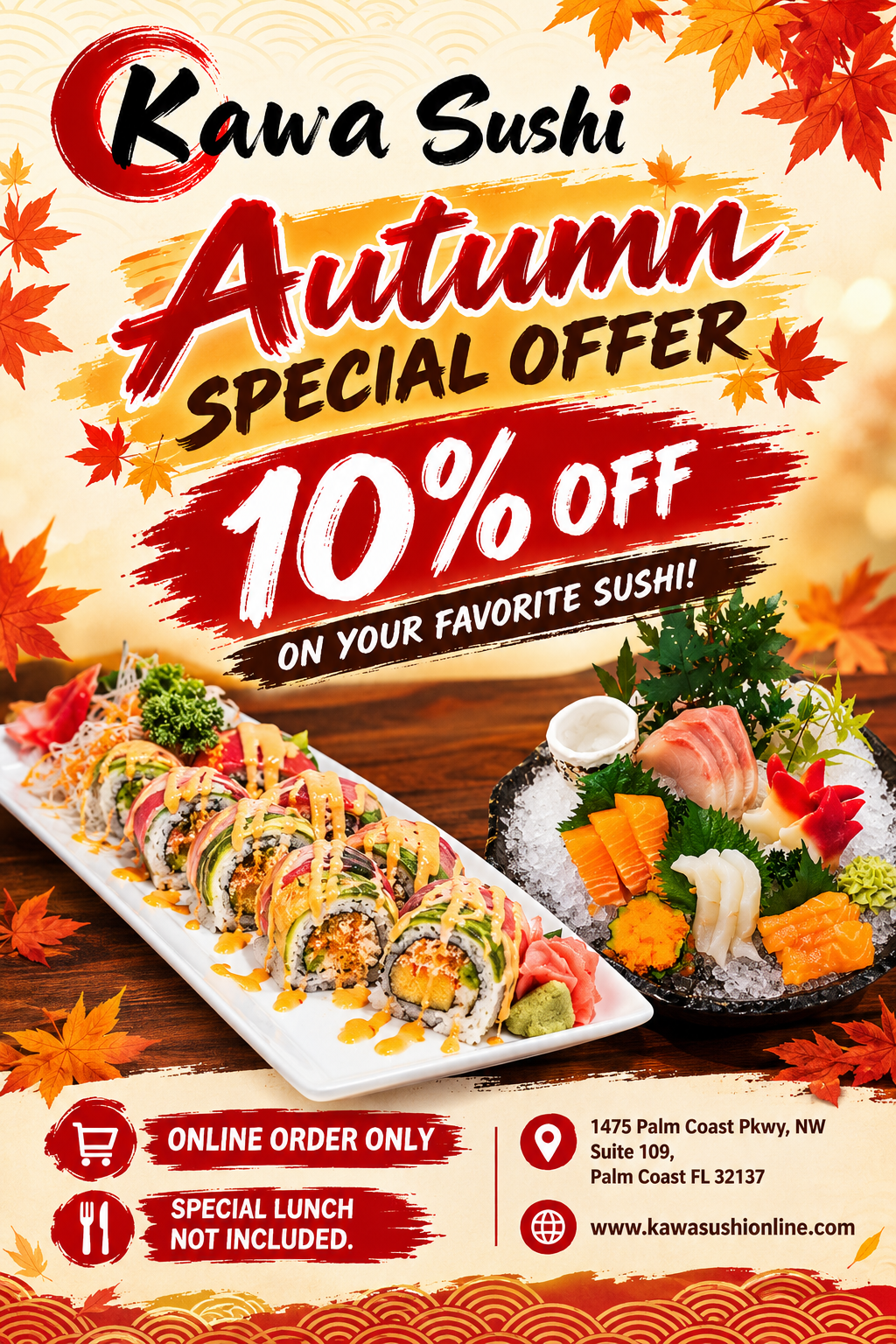 Kawa Sushi Autumn Special Offer poster: 10% off online orders only; special lunch not included.