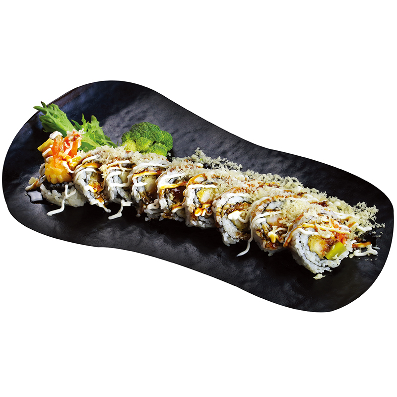 Crunchy sushi roll with tempura flakes, mixed sauce and broccoli garnish at K-Bop, a Korean Restaurant in Austin