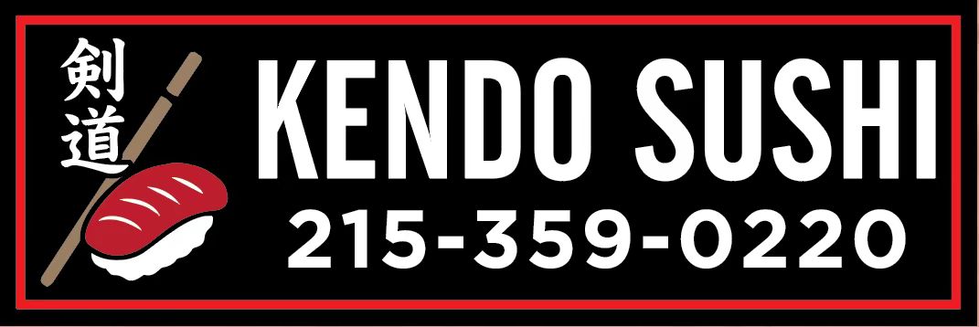Kendo Sushi sign with logo and contact number at Kendo Sushi, a Japanese Restaurant in Philadelphia.