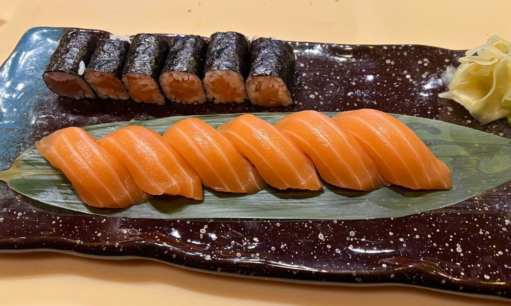 Salmon nigiri and maki at Kendo Sushi, a Japanese Restaurant in Philadelphia.