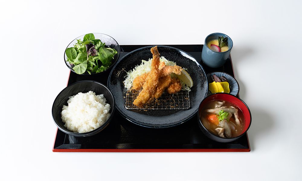 Japanese fried shrimp set meal with rice and side dishes