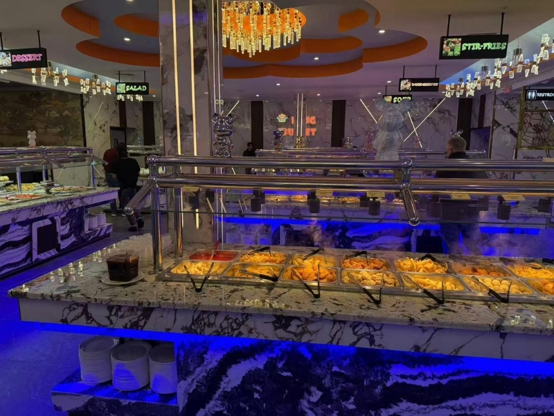 Hot food station with fried dishes and steam trays at King Buffet, a Buffet Restaurant in Westminster.