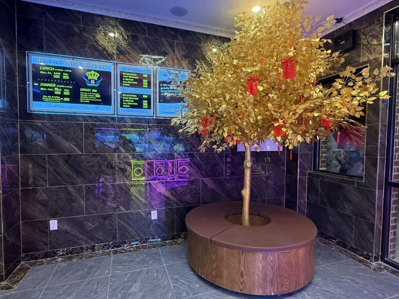 Lobby with golden tree and menu boards at King Buffet, a Buffet Restaurant in Westminster.