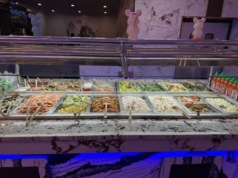 Fresh seafood and salad bar with shrimp and veggies at King Buffet, a Buffet Restaurant in Westminster.