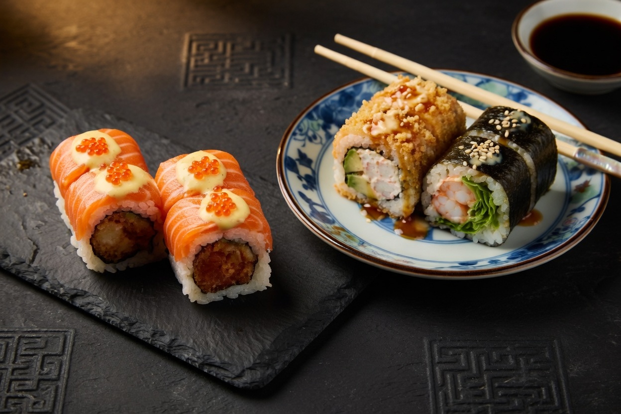 Assorted sushi rolls including salmon and tempura shrimp served on slate and ceramic plates.