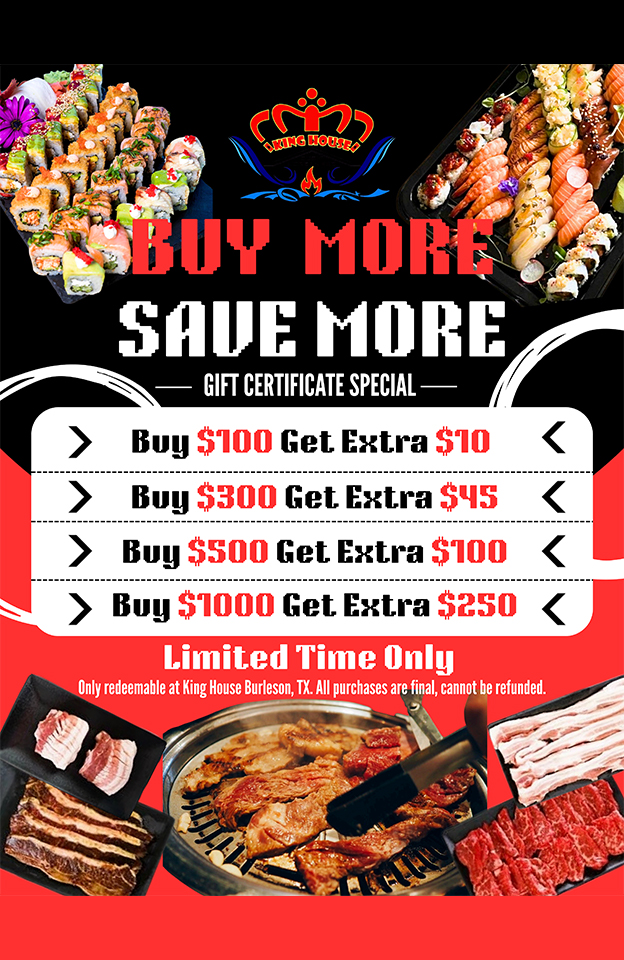 King House gift certificate flyer: "Buy More Save More" deals with sushi and Korean BBQ meat images.