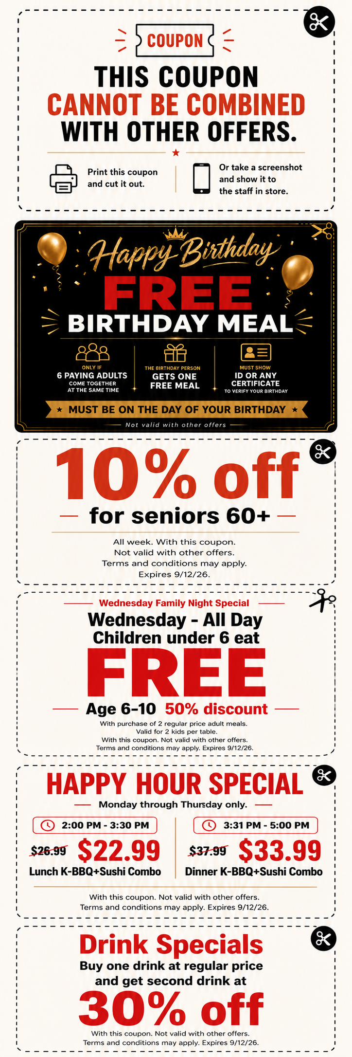 Coupon sheet featuring birthday meal, senior discount, kids eat free, happy hour, and drink specials.