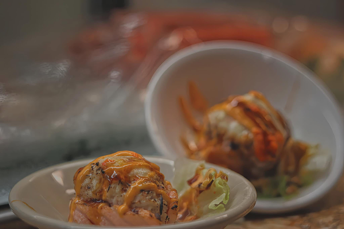Shrimp tempura roll with avocado and fish roe at Kings Sushi, a Japanese Restaurant in North Myrtle Beach