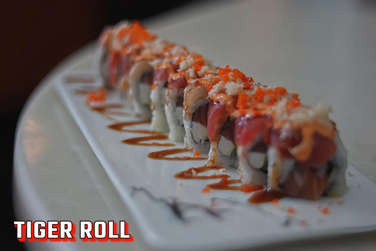 Tiger roll with fish, rice, and sauce at Kings Sushi, a Japanese Restaurant in North Myrtle Beach