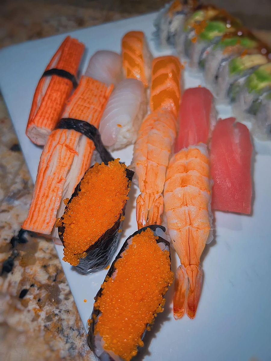 Assorted sushi on a decorative tray at Kings Sushi, a Japanese Restaurant in North Myrtle Beach