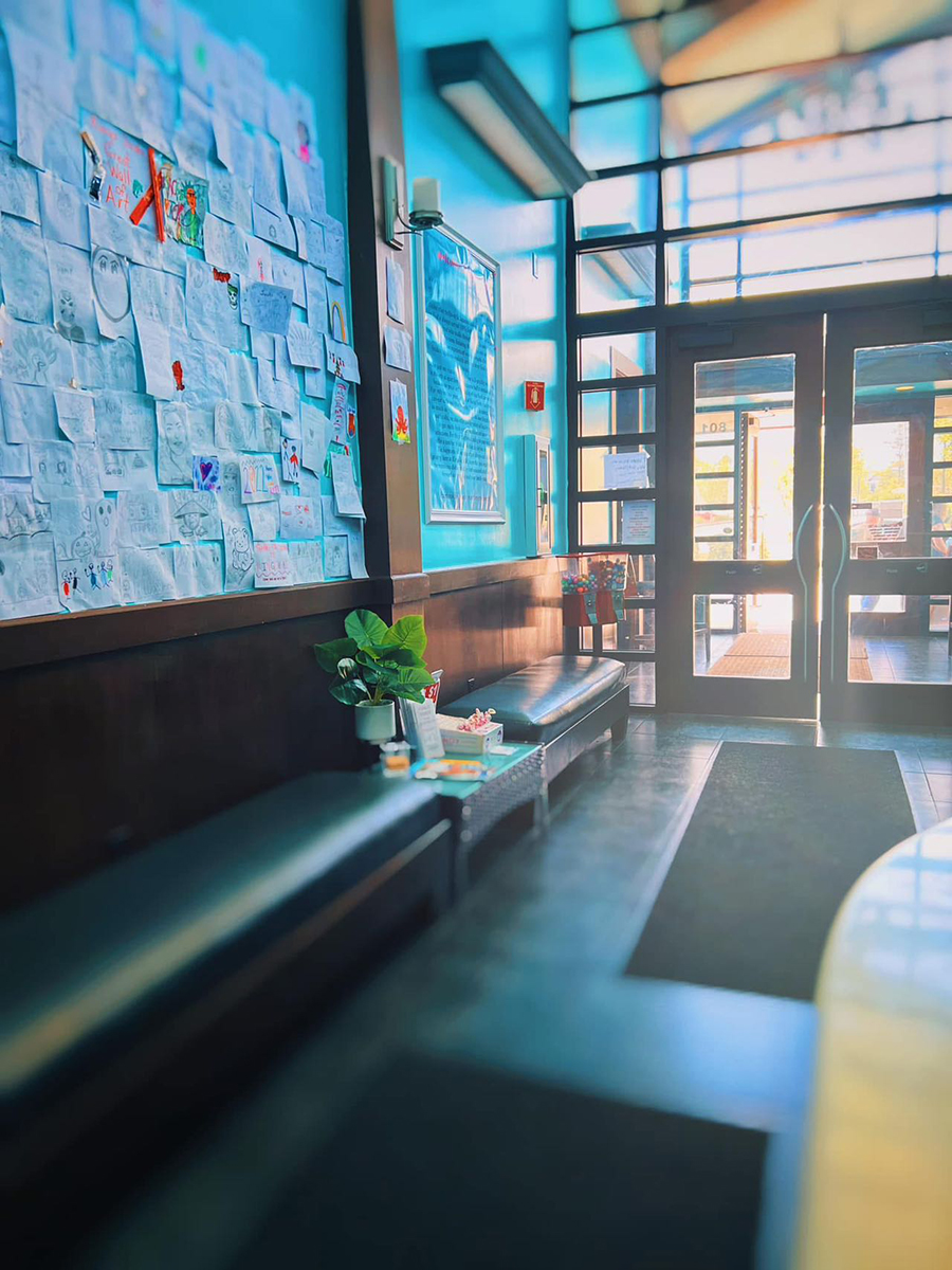 Modern restaurant interior with blue walls and notes at Kings Sushi, a Japanese Restaurant in North Myrtle Beach