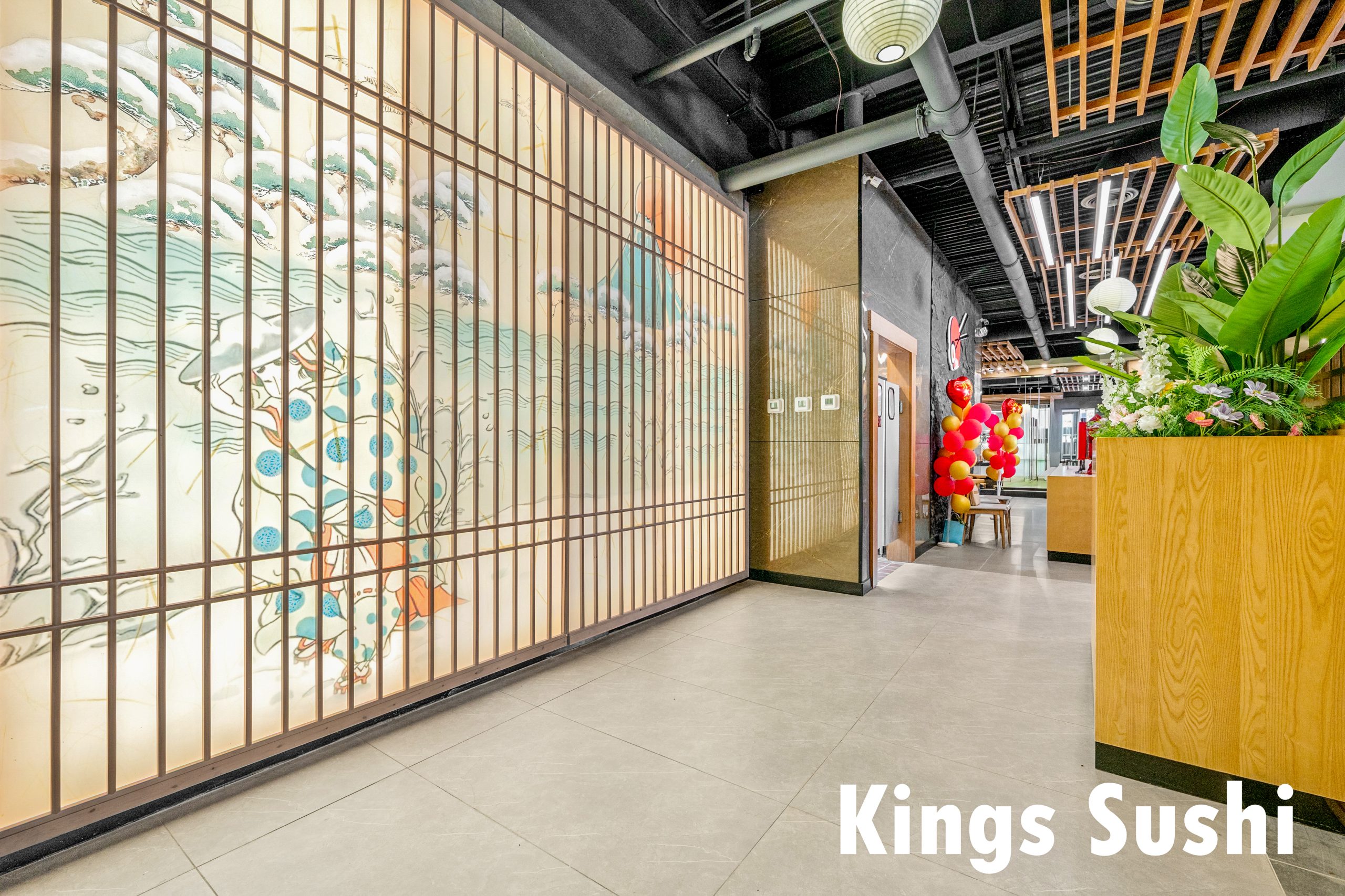 Screen wall mural corridor at Kings Sushi, a Japanese Restaurant in Buford