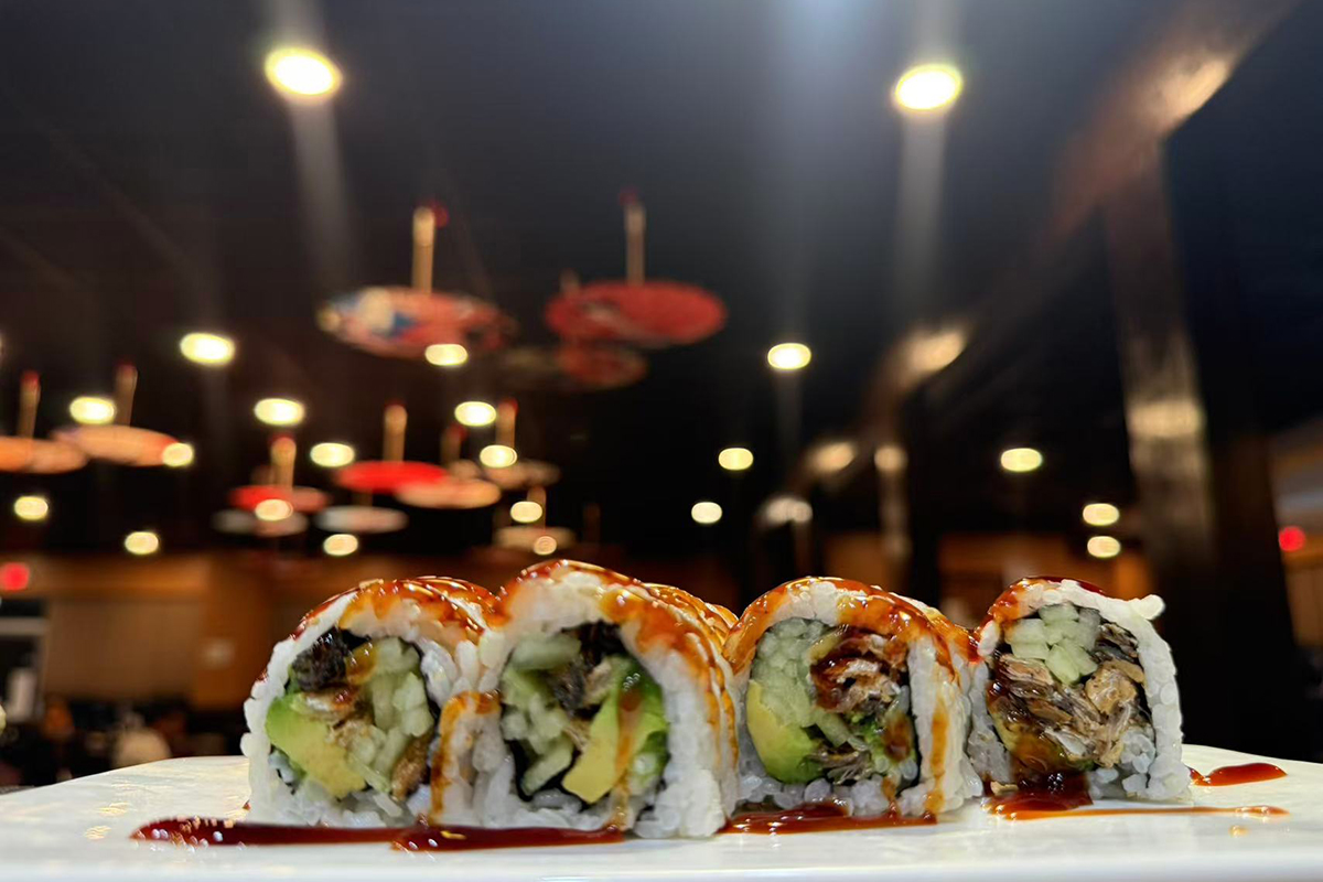 Sushi roll with eel avocado cucumber and unagi sauce at Kings Sushi, a Japanese Restaurant in Summerville