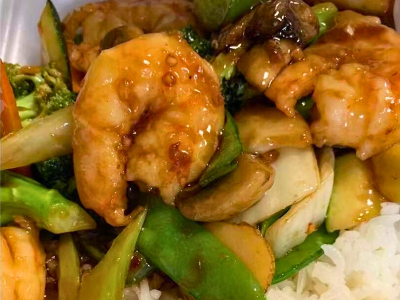 Juicy shrimp with mixed vegetables in savory sauce at King Wok, a Chinese Restaurant in Powdersville.