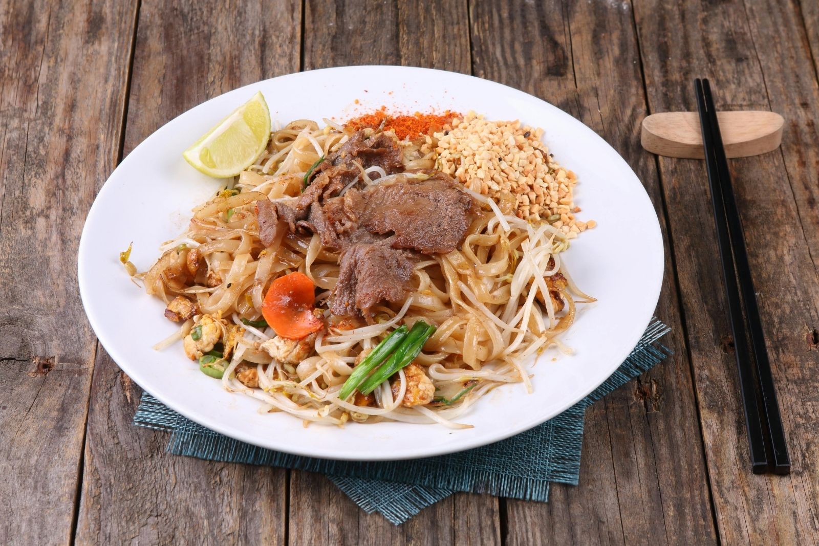 Beef pad thai with lime and crushed peanuts at Kinzan, an Asian Fusion Restaurant in Chambersburg