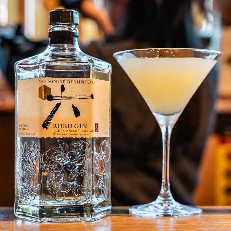 Roku craft gin paired with finished martini cocktail at Ki Omakase, a Sushi Restaurant in Little Neck
