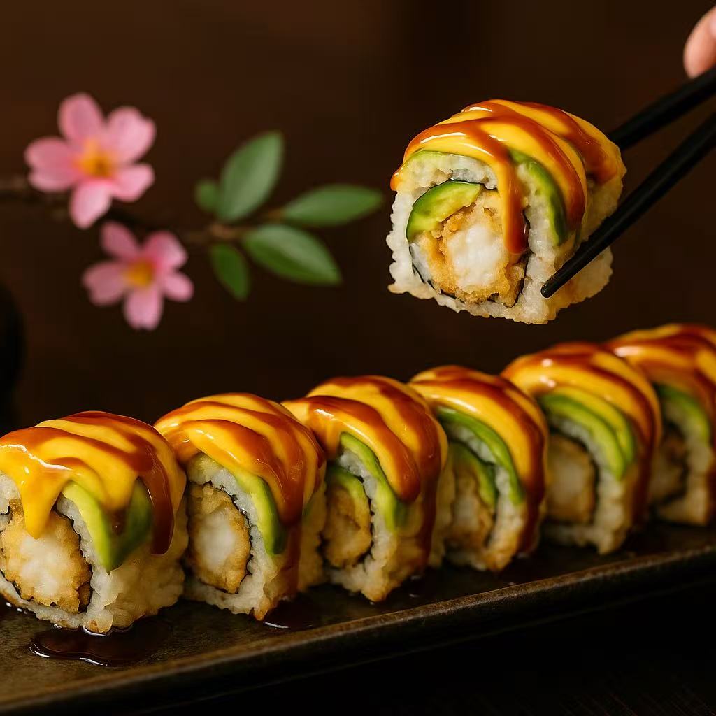 Tempura shrimp sushi roll with avocado and two sauces at Kirin Asian Fusion, an Asian Restaurant in Sioux City