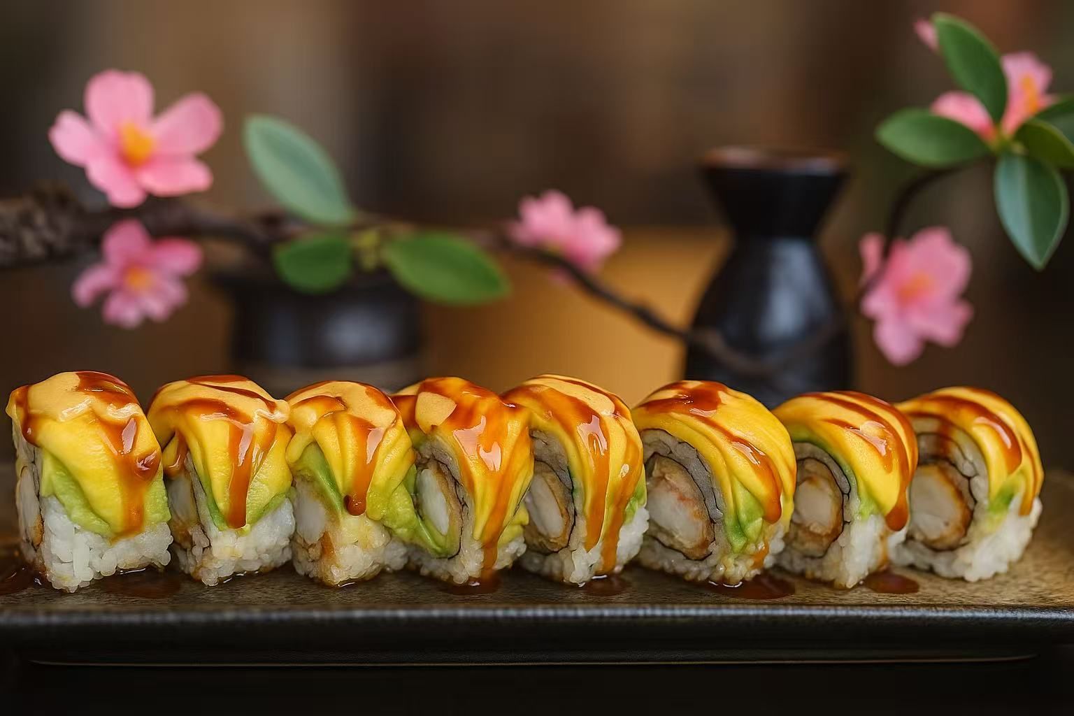 Grilled shrimp sushi roll with mango, avocado and eel sauce at Kirin Asian Fusion, an Asian Restaurant in Sioux City