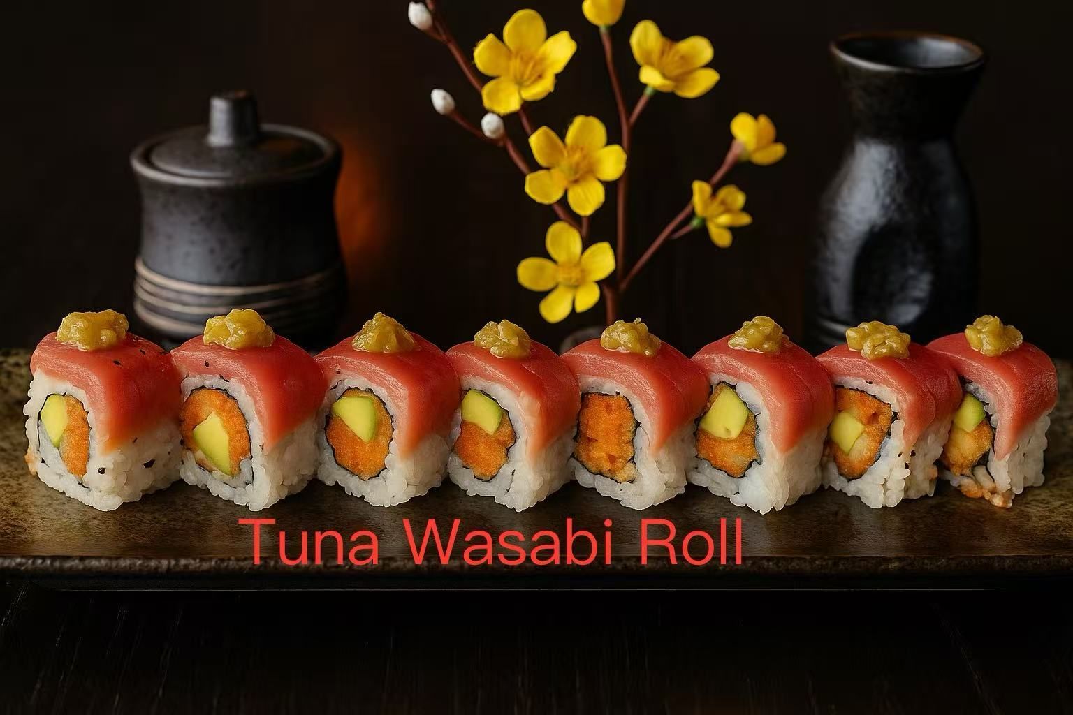 Tuna wasabi sushi roll topped with fresh tuna and wasabi at Kirin Asian Fusion, an Asian Restaurant in Sioux City