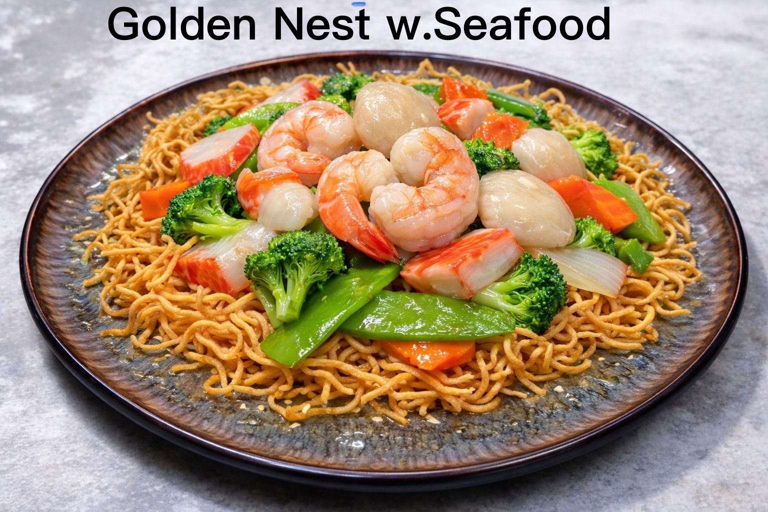 Golden nest seafood crispy noodles with shrimp, scallops and veggies at Kirin Asian Fusion, an Asian Restaurant in Sioux City
