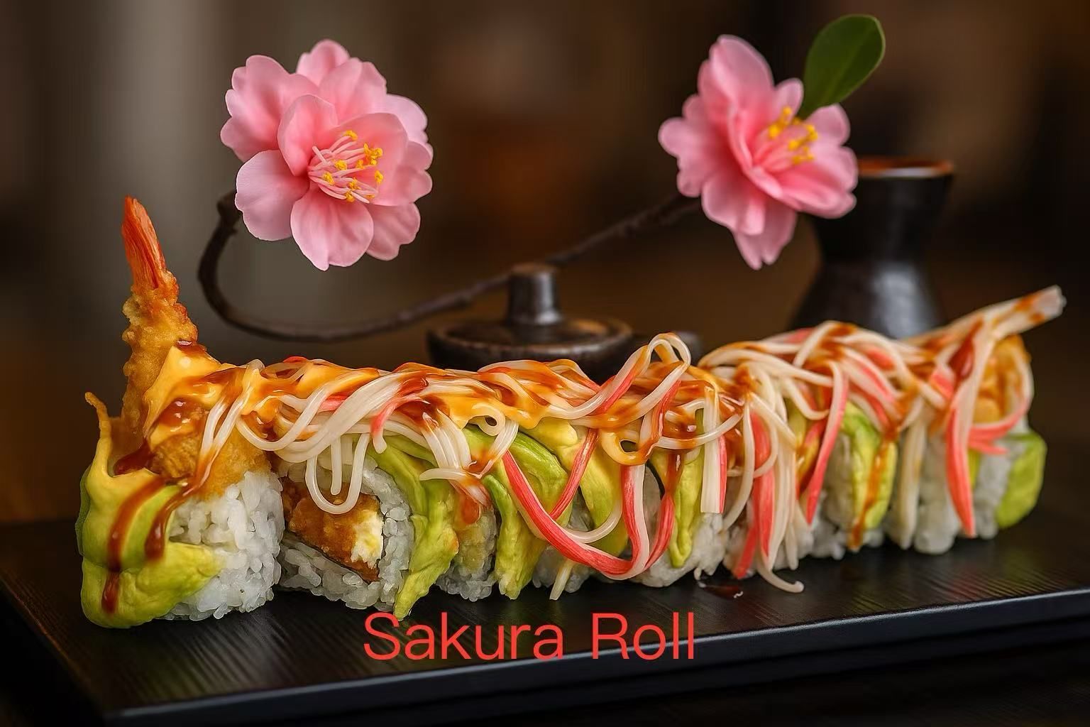 Sakura sushi roll with tempura shrimp, avocado and crab stick at Kirin Asian Fusion, an Asian Restaurant in Sioux City