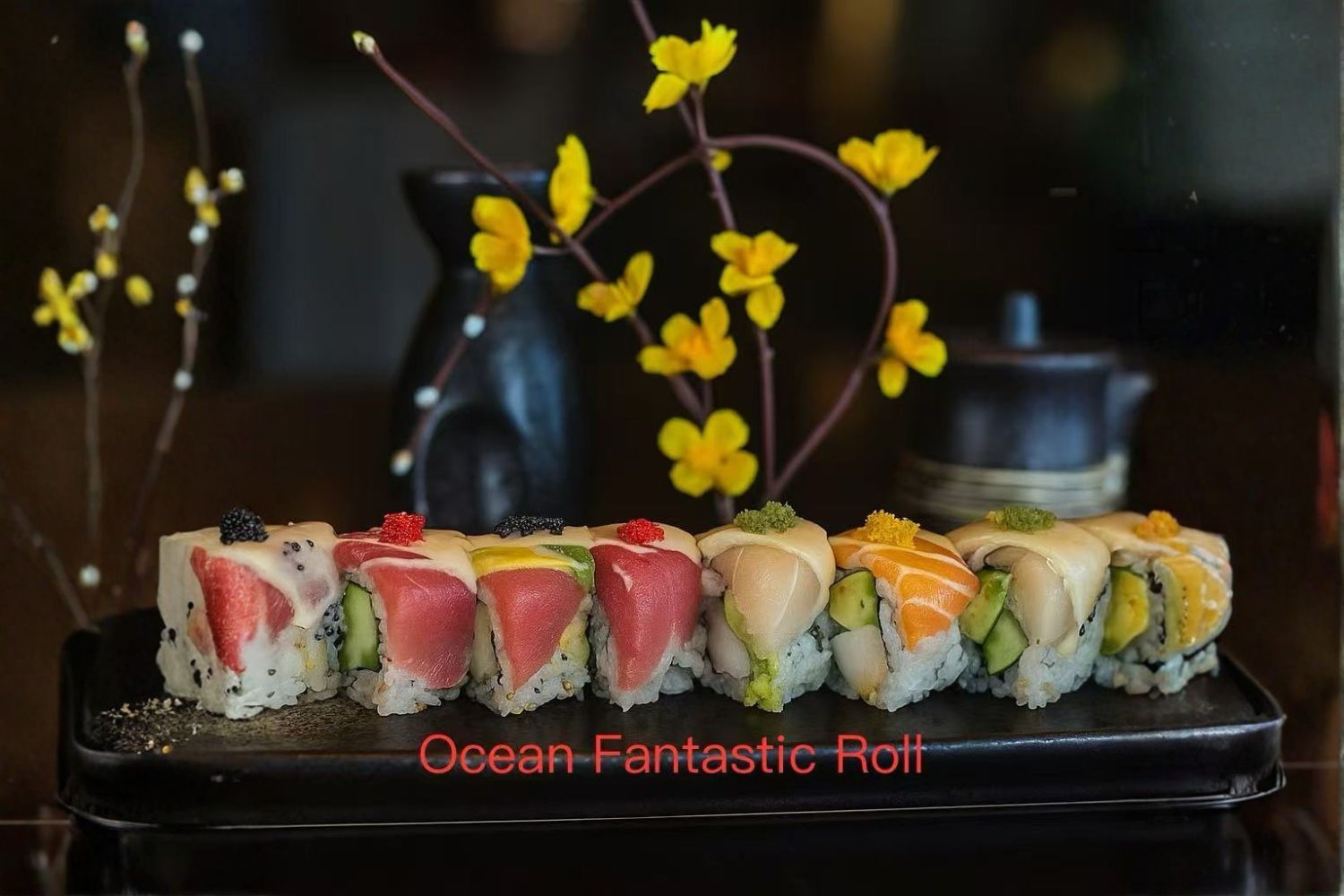 Colorful ocean fantastic sushi roll with assorted fish and toppings at Kirin Asian Fusion, an Asian Restaurant in Sioux City