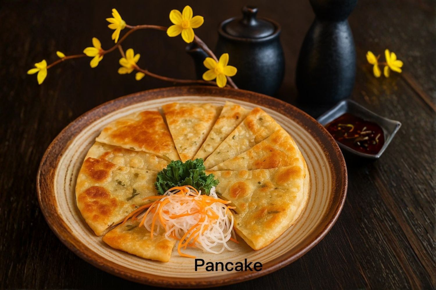 Crispy pan-fried scallion pancake served with dipping sauce at Kirin Asian Fusion, an Asian Restaurant in Sioux City