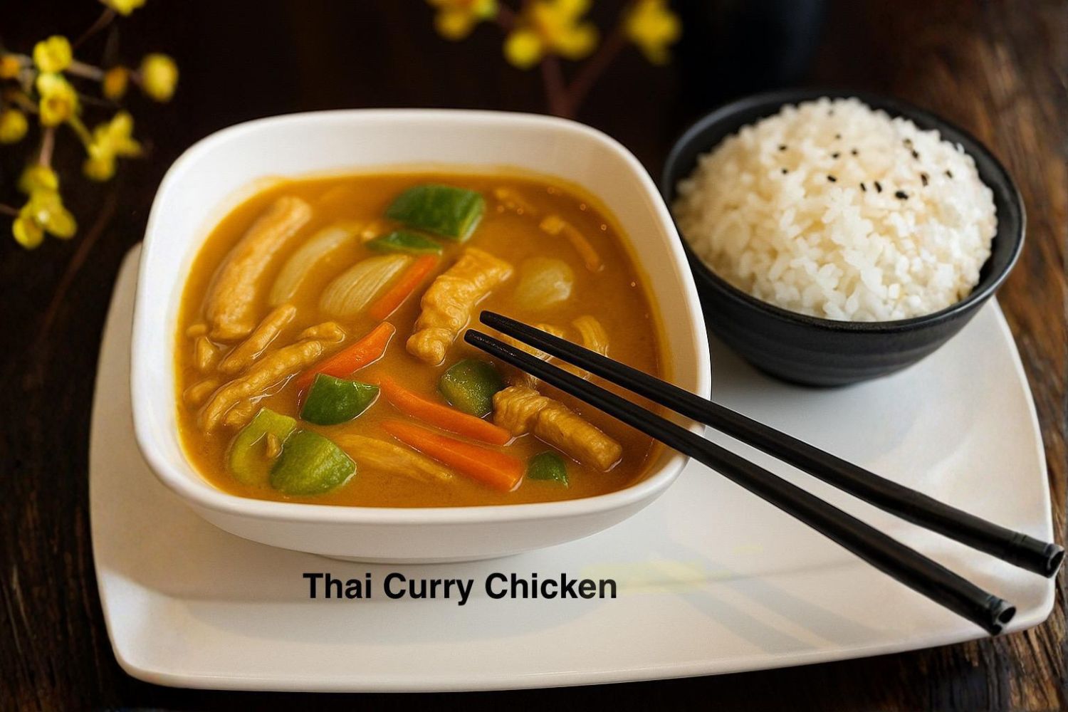 Thai curry chicken with vegetables served with steamed rice at Kirin Asian Fusion, an Asian Restaurant in Sioux City