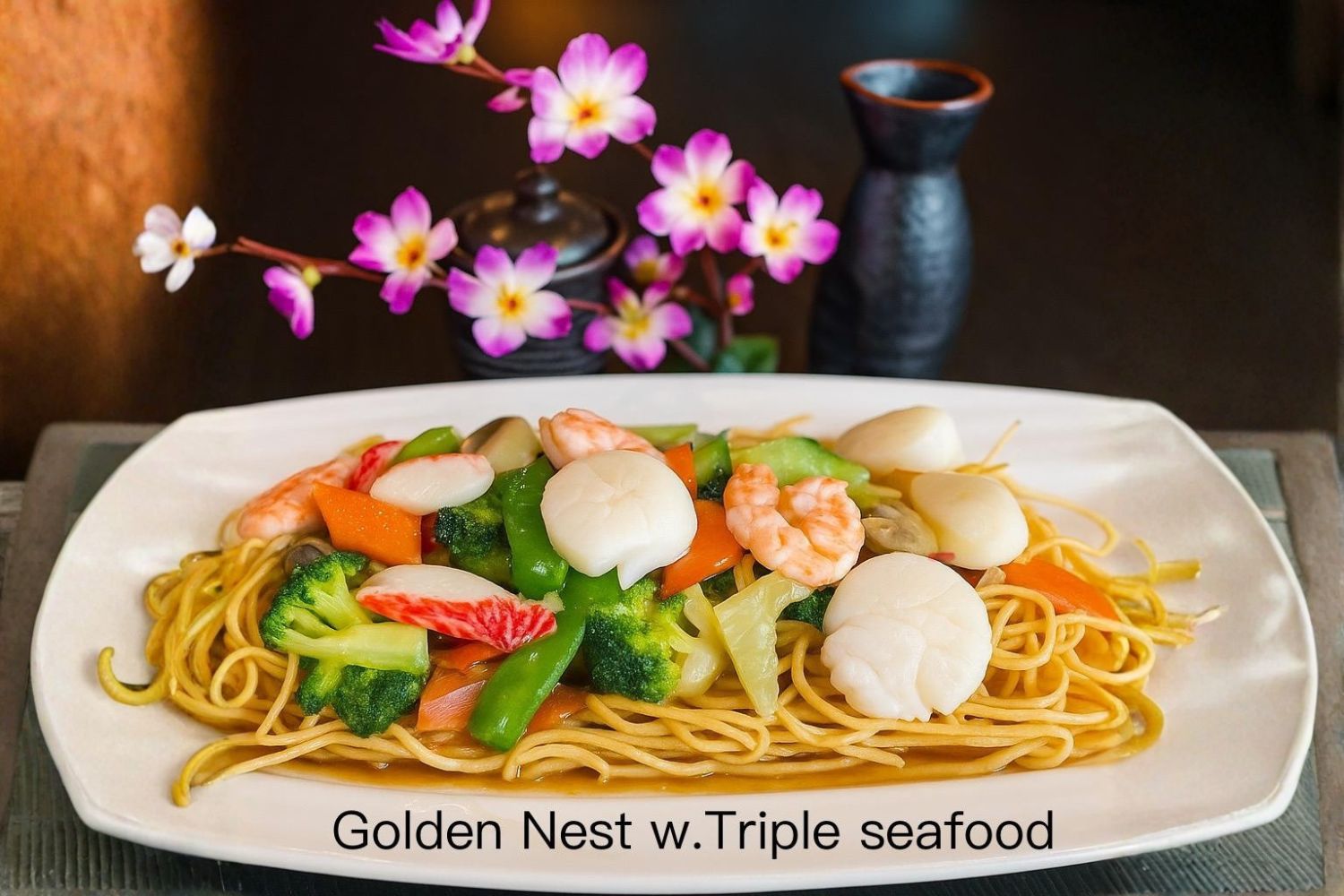 Golden nest triple seafood crispy noodles with shrimp and scallops at Kirin Asian Fusion, an Asian Restaurant in Sioux City