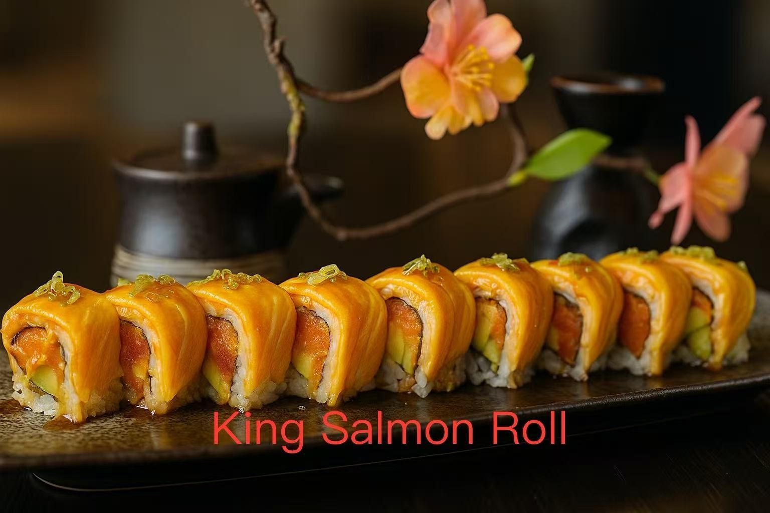 King salmon sushi roll topped with fresh salmon and green onion at Kirin Asian Fusion, an Asian Restaurant in Sioux City