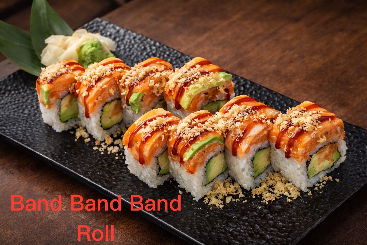 Band Band Band sushi roll with salmon, avocado and crispy toppings at Kirin Asian Fusion, an Asian Restaurant in Sioux City