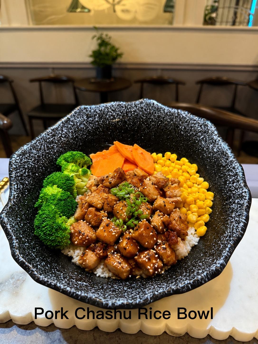 Teriyaki chashu pork rice bowl with corn and broccoli at Kirin Asian Fusion Restaurant in Sioux City