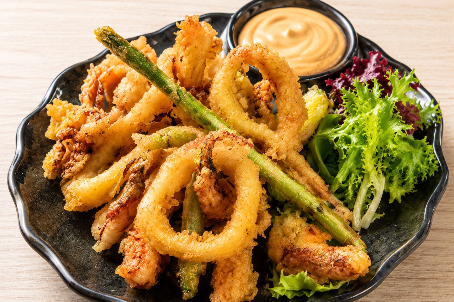 Mixed tempura seafood and asparagus with creamy dipping sauce at Kirin Asian Fusion Restaurant in Sioux City