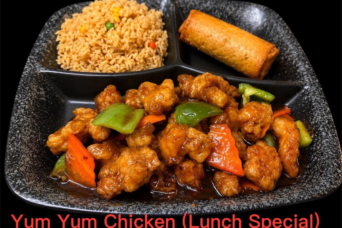 Yum Yum chicken lunch combo with fried rice and spring roll at Kirin Asian Fusion Restaurant in Sioux City