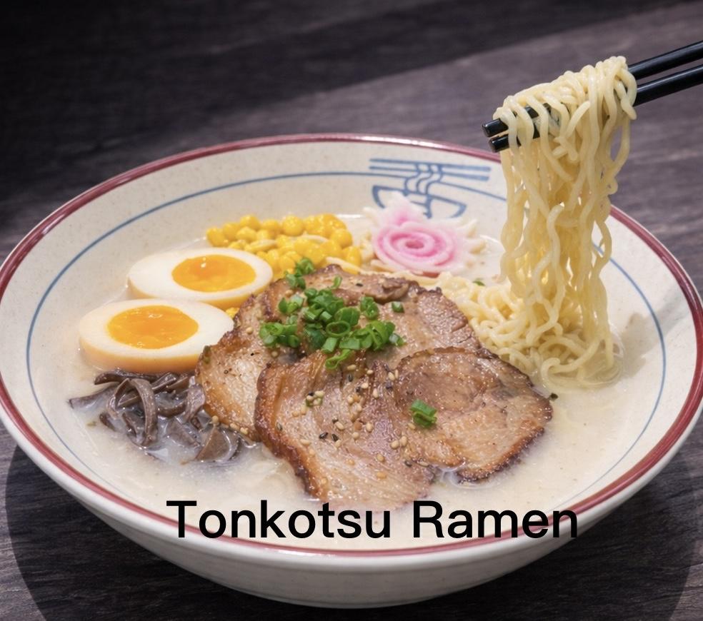 Rich tonkotsu pork bone ramen with chashu pork and soft boiled egg at Kirin Asian Fusion Restaurant in Sioux City