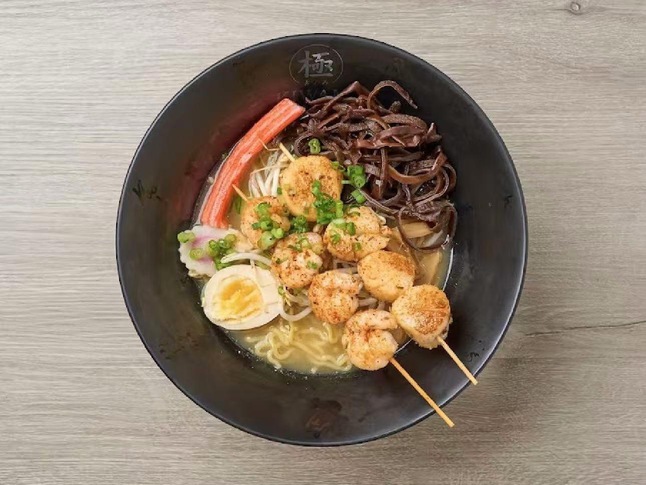 Ramen with shrimp, scallops, crab stick and soft-boiled egg at Kiwami Ramen & Sushi, a Japanese Restaurant in Overland Park