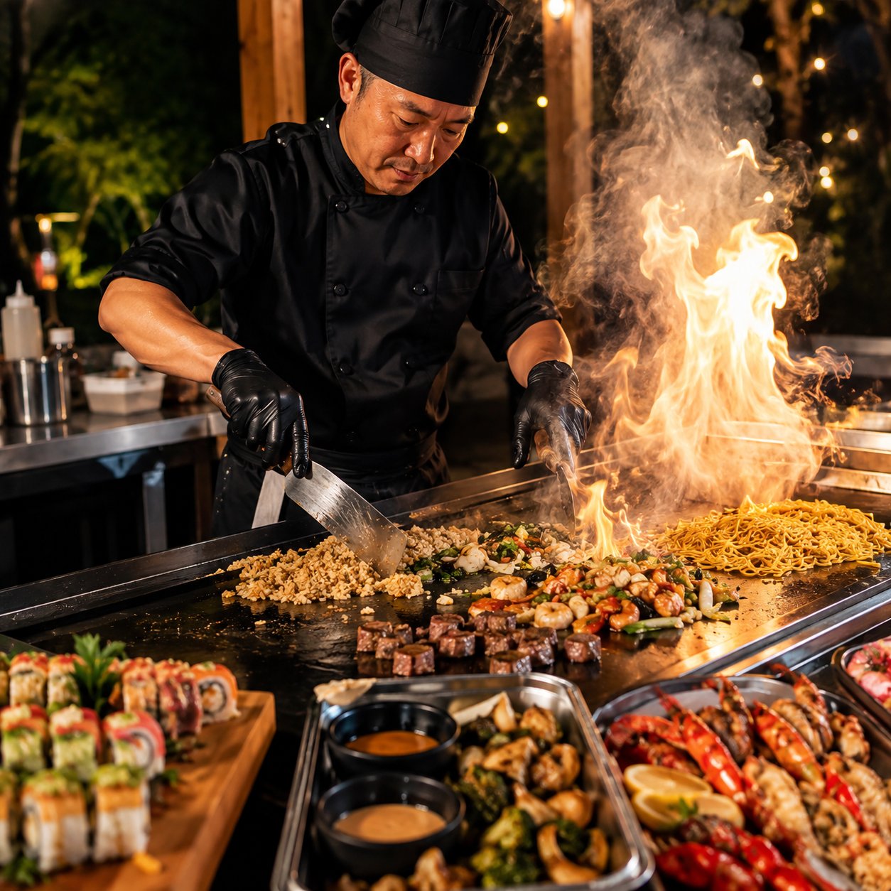 Chef preparing a live hibachi meal over an open flame at Kiwami Ramen & Sushi, a Japanese Restaurant in Overland Park