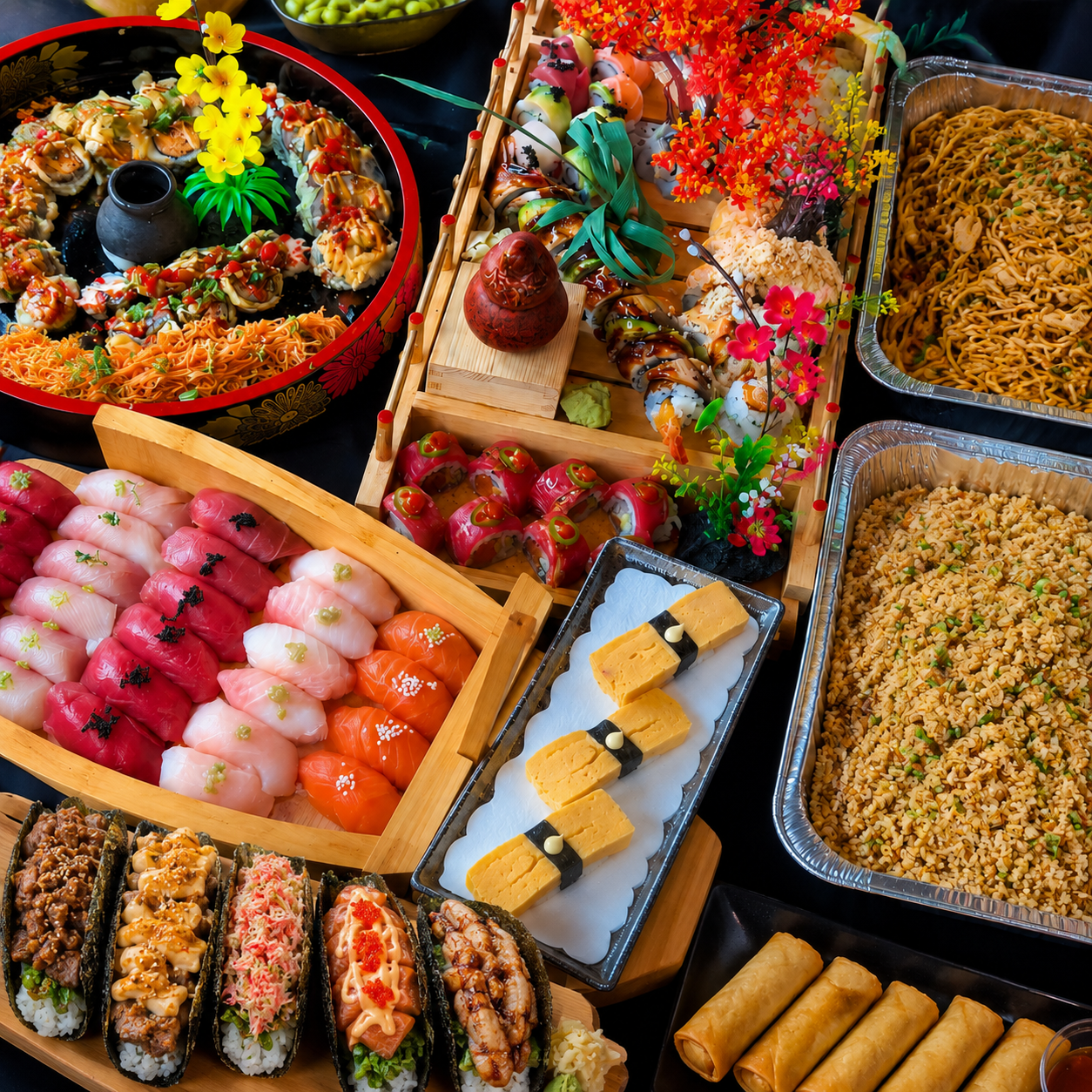 Colorful sushi rolls, fried rice, noodles and Japanese catering selections at Kiwami Ramen & Sushi, a Japanese Restaurant in Overland Park