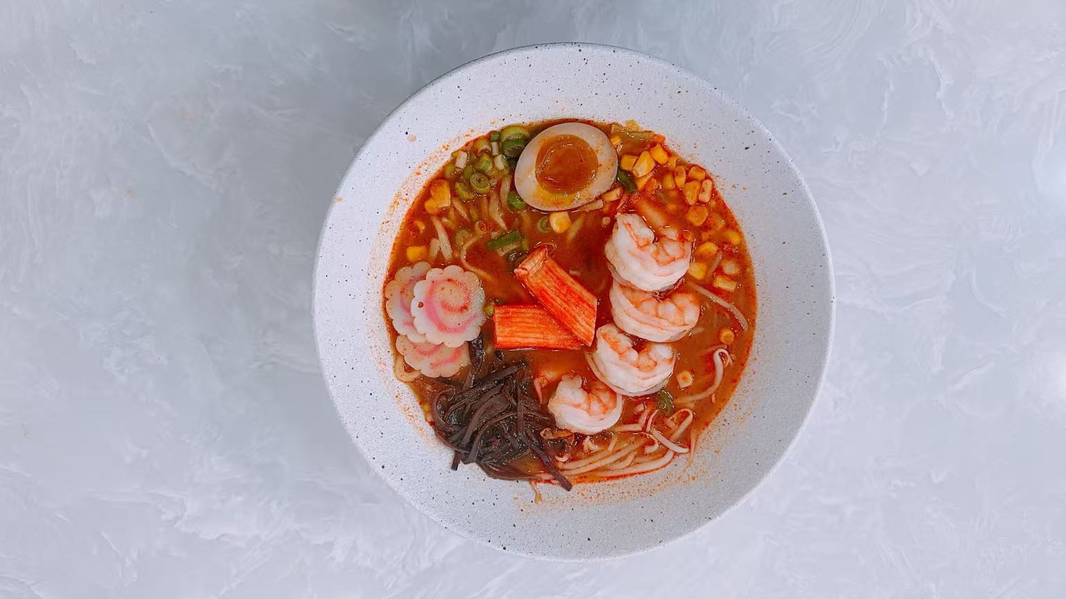 Spicy ramen with shrimp and crab sticks at Knock Knock, an Asian Restaurant in Staten Island