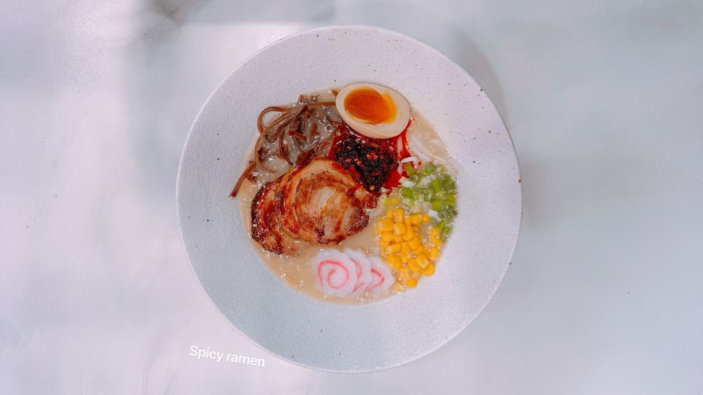 Spicy tonkotsu ramen with pork belly at Knock Knock, an Asian Restaurant in Staten Island