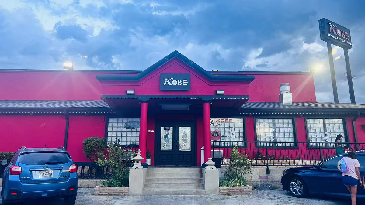 Kobe-Japanese-Steakhouse-Japanese-Restaurant-Exterior-San-Antonio Exterior of Kobe Japanese Steakhouse with a red facade