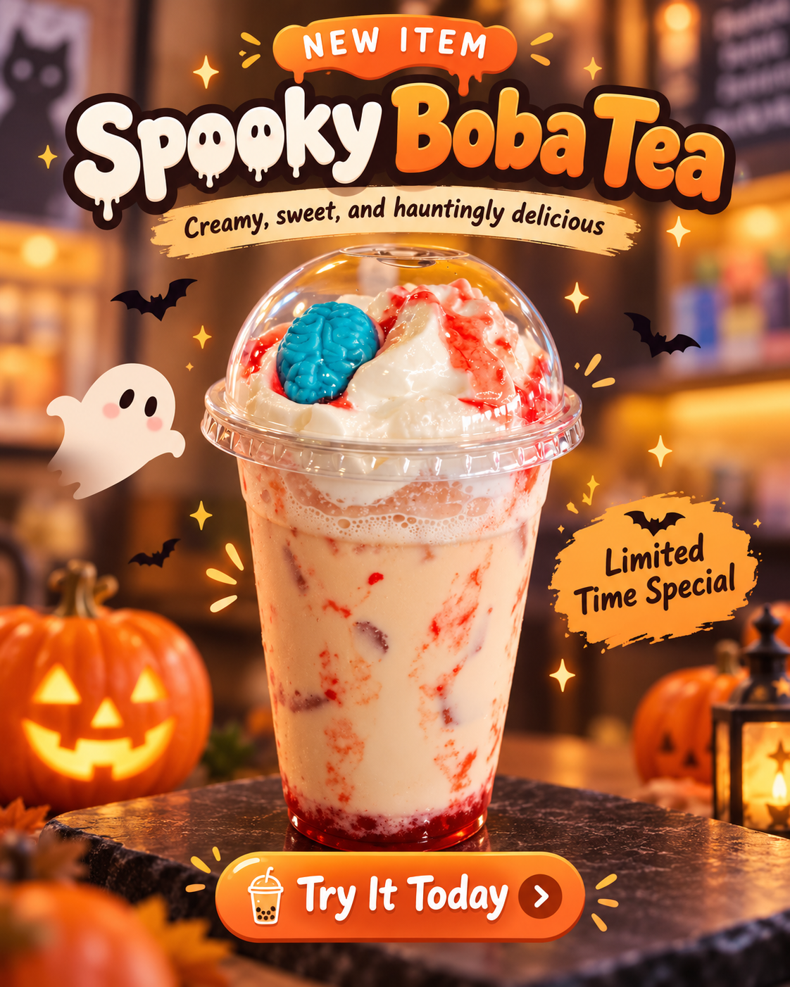 Halloween promotional poster for new limited-time Spooky Boba Tea. The creamy drink has whipped cream, red syrup and blue brain candy, decorated with ghost, bat and jack-o'-lantern graphics.