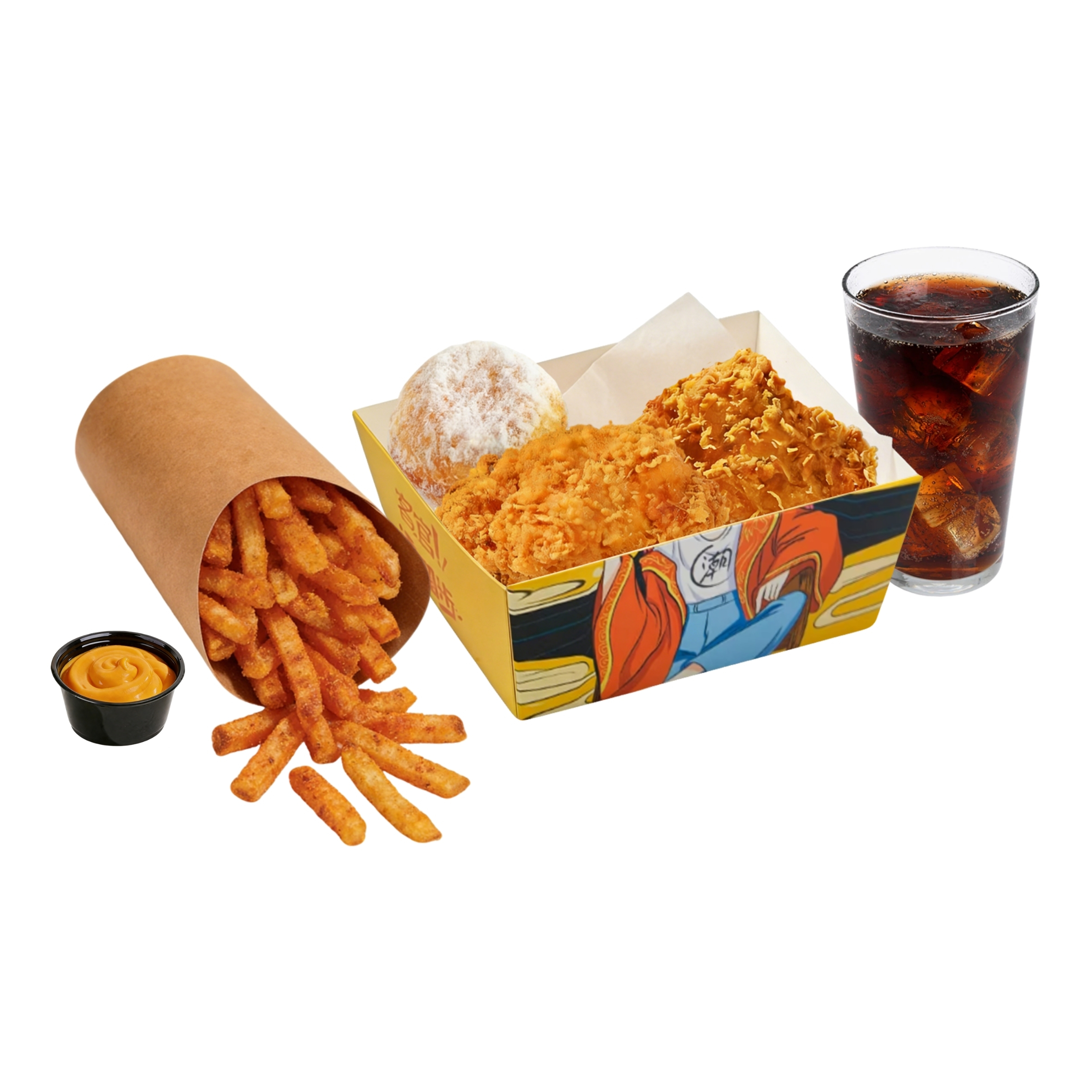 Fried chicken, fries and cola combo meal at KOBI‑EON Chicken, a Asian Restaurant in Normal