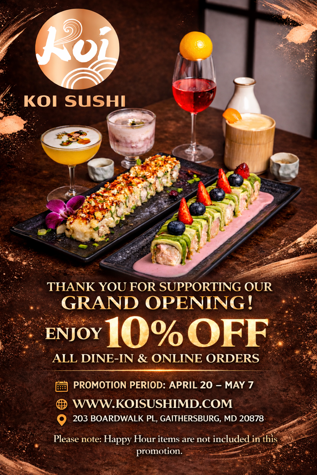 Koi Sushi offers 10% off dine-in and online orders April 20–May 7 for grand opening, Happy Hour excluded, Gaithersburg MD.