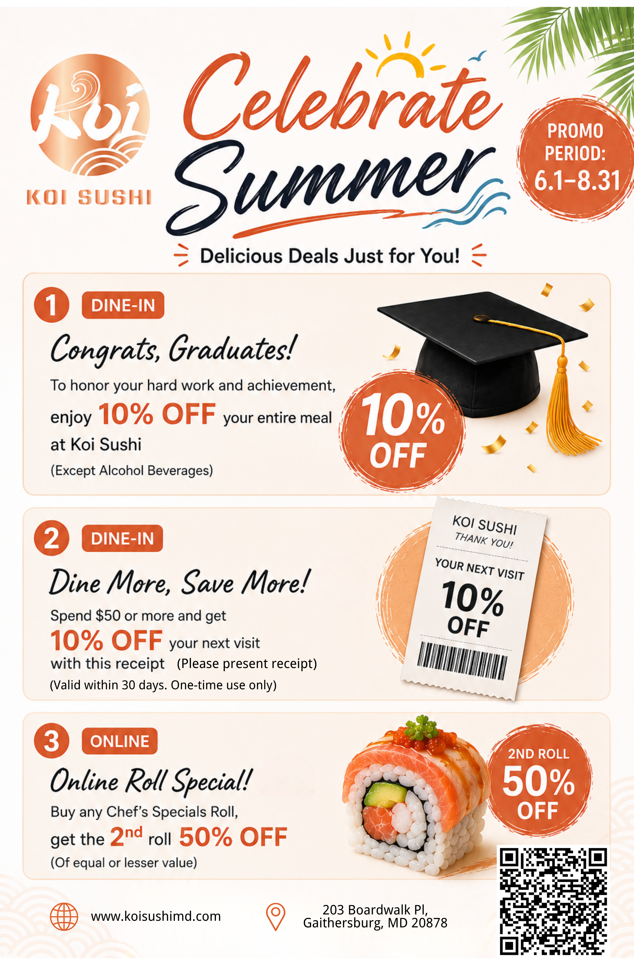 Koi Sushi summer deals: 10% off for graduates, 10% off next visit over $50, and 50% off second sushi roll online.