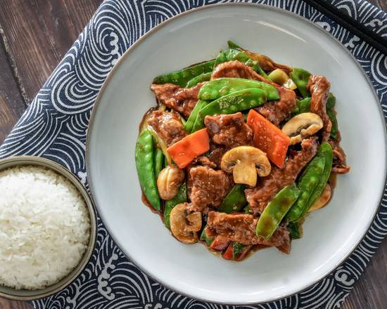 Koi-Wok-Inn-Chinese-restaurant-Beef-w.Snow-Peas-Boynton-Beach Beef and snow peas stir - fried, served with rice at Koi Wok Inn,a Chinese Restaurant in Boynton Beach
