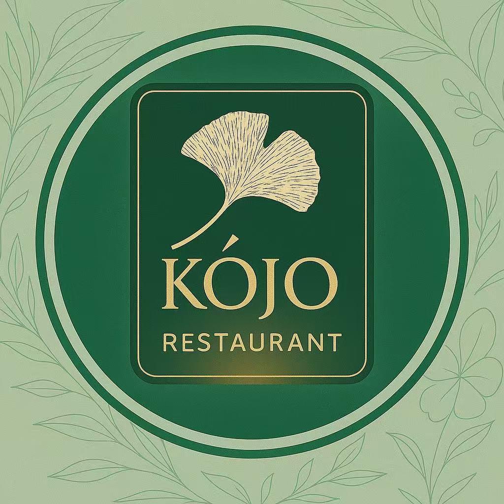 Green and gold logo of Kojo Restaurant featuring a ginkgo leaf design