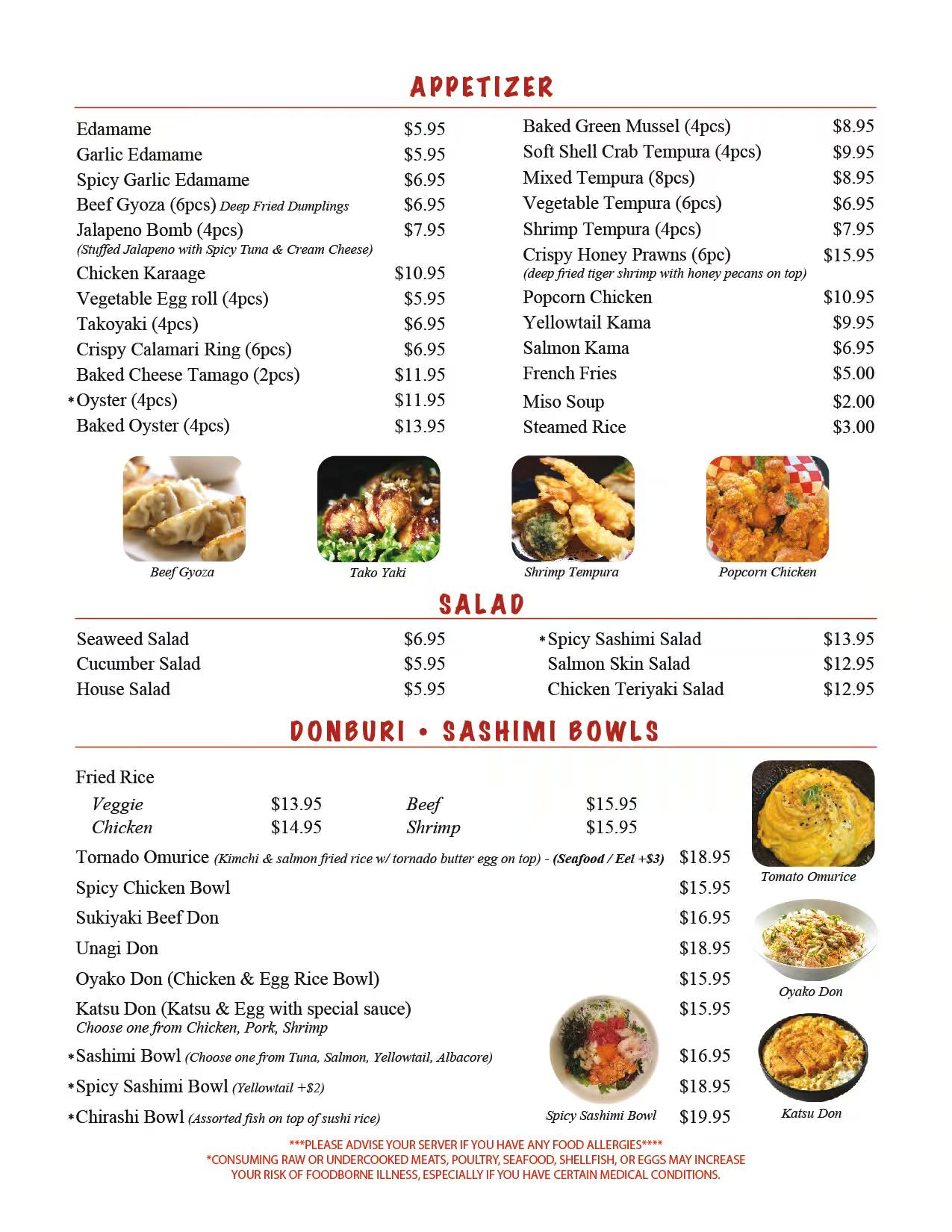 Menu page of Koko Deck Sushi featuring sections for Appetizers (Beef Gyoza, Takoyaki, Shrimp Tempura), Salads (Seaweed Salad, Spicy Sashimi Salad), and Donburi/Sashimi Bowls (Tomato Omurice, Oyakodon, Chirashi Bowl), with images of popular dishes and price listings.