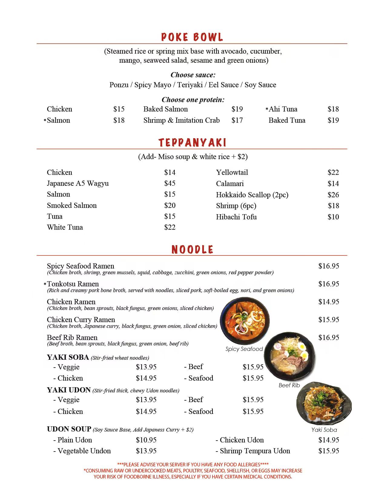 A Japanese restaurant menu page featuring three sections: Poke Bowl (with customizable protein/sauce options), Teppanyaki (add-on miso soup/rice available), and Noodle (ramen, Yaki Soba, Yaki Udon, Udon Soup). Includes prices, dish descriptions, and photos of Spicy Seafood Ramen, Beef Rib Ramen, and Yaki Soba; also has food allergy and raw food safety disclaimers at the bottom.