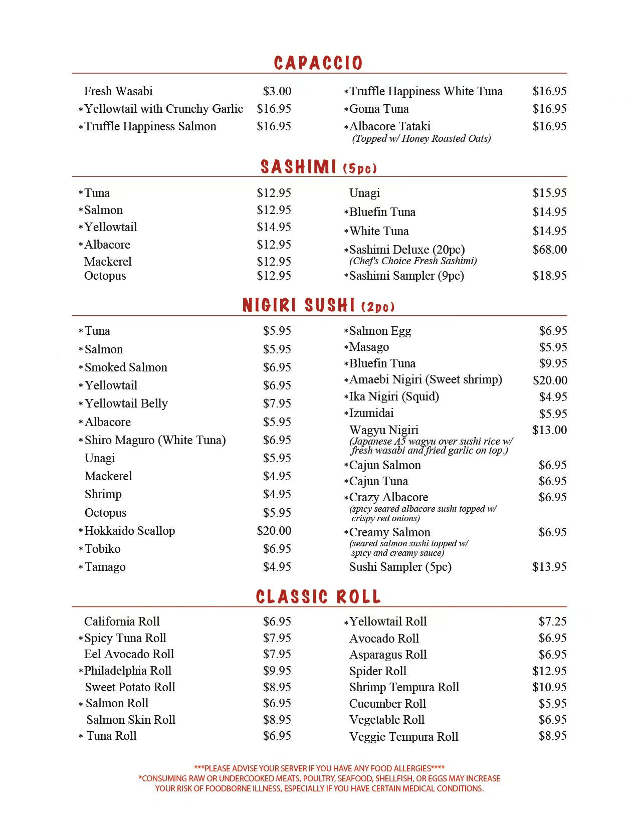 A sushi restaurant menu page featuring four sections: CAPACCIO (appetizer-style raw dishes like Truffle Happiness Salmon, $16.95), SASHIMI (5pc options like Tuna, $12.95, plus deluxe/sampler packs), NIGIRI SUSHI (2pc options including Hokkaido Scallop, $20.00, and specialty nigiri), and CLASSIC ROLL (California Roll, $6.95, etc.). Includes prices, portion sizes, and food allergy/raw food safety disclaimers at the bottom.